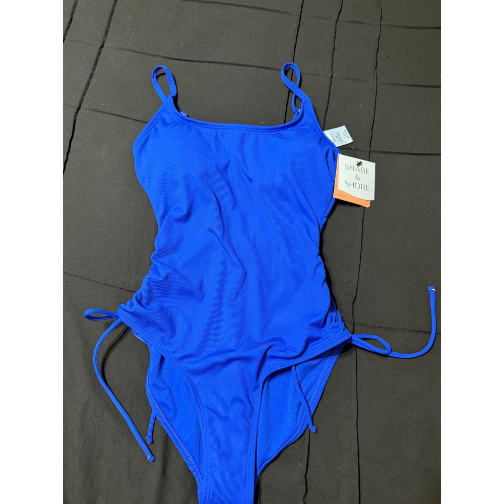 Shade & Shore Womens Curvy Fit Ribbed One Piece Swimsuit Blue S 4-6 NWT
